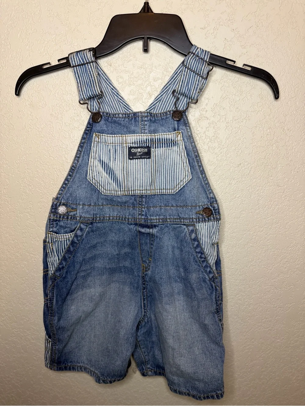 OshKosh B'gosh Blue Denim Shortalls with Striped Pocket Accent